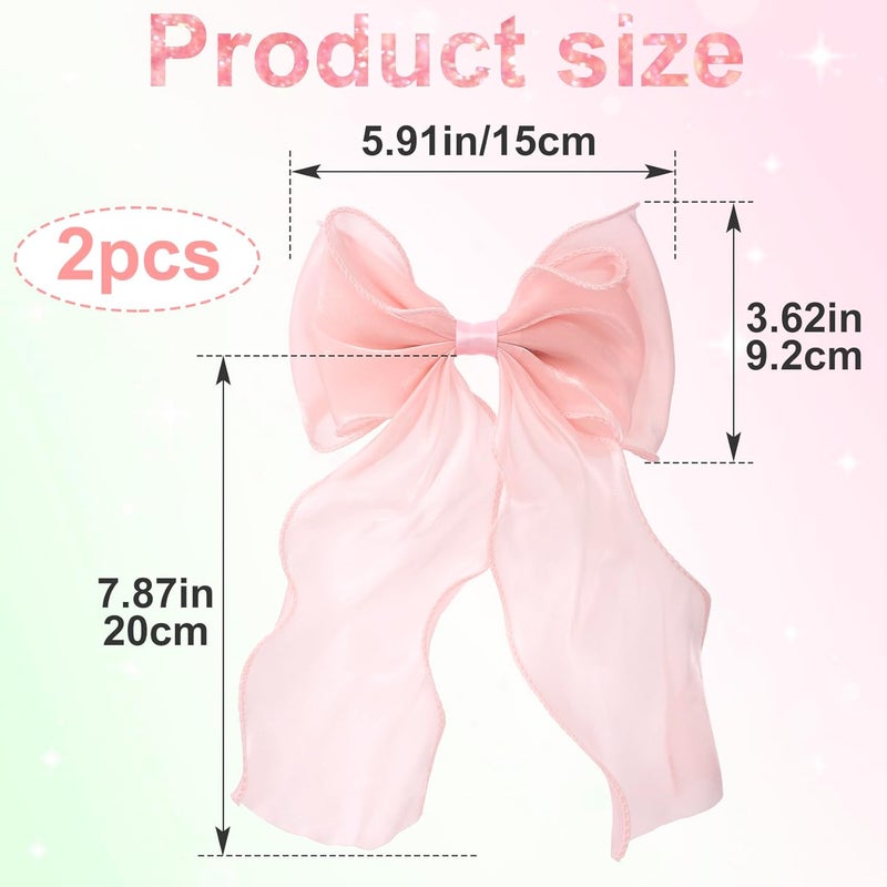STSTR 2Pcs Large Hair Bow Clips, Pink Silk Yarn Ribbon Bow Hair Barrette for Women, Elegant Long Tail Bowknot French Hair Accessories for Wedding, Parties, Festivals - Image 2